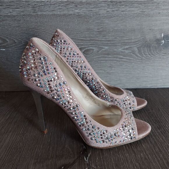 INC 'Jema' Canvas Rhinestone Embellished Peep Toe Heels 5.5 - Picture 1 of 11